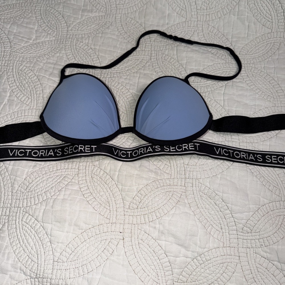Victoria's Secret VS Blue Black Logo Band Strap Halter Swim Top Sz 34B